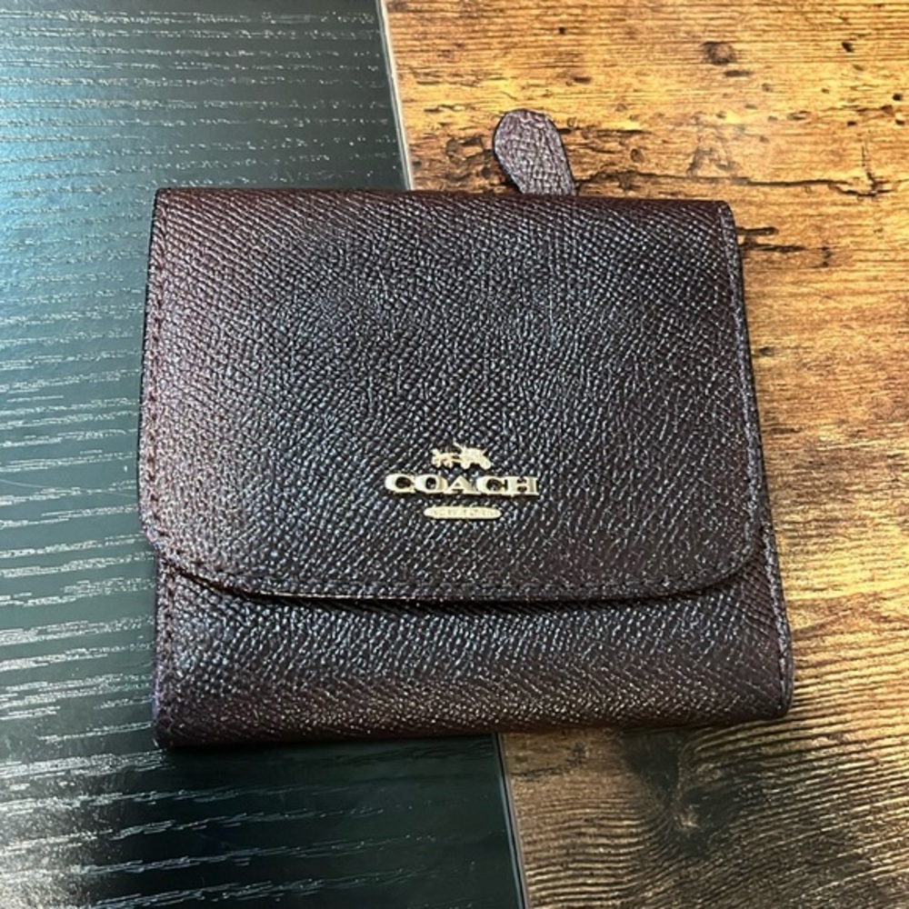 Coach Dark Purplish Metallic Textured Trifold Leather Wallet